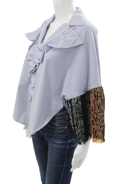 Tome Women Striped Collared Long Sleeve Basic Blouse Blue 98% Cotton Size XS