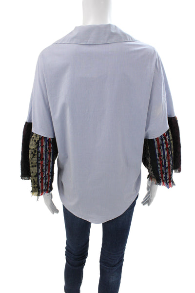 Tome Women Striped Collared Long Sleeve Basic Blouse Blue 98% Cotton Size XS