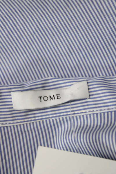 Tome Women Striped Collared Long Sleeve Basic Blouse Blue 98% Cotton Size XS