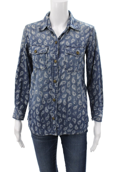 Current/Elliott Women Button-Up Paisley Collared Blue Cotton Long Sleeve Size 0