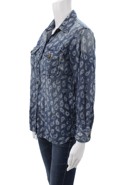 Current/Elliott Women Button-Up Paisley Collared Blue Cotton Long Sleeve Size 0