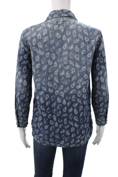 Current/Elliott Women Button-Up Paisley Collared Blue Cotton Long Sleeve Size 0