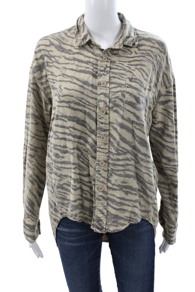 Pam & Gela Women Tunic Button Up Collared Long Sleeve Beige Animal Print Size S