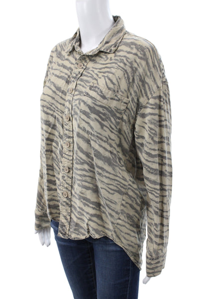 Pam & Gela Women Tunic Button Up Collared Long Sleeve Beige Animal Print Size S