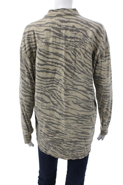 Pam & Gela Women Tunic Button Up Collared Long Sleeve Beige Animal Print Size S