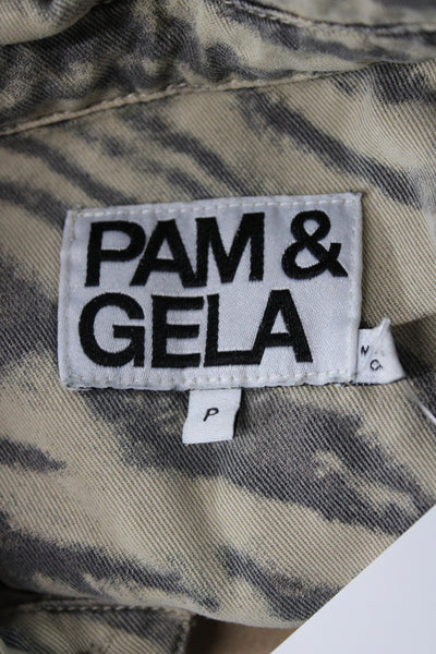 Pam & Gela Women Tunic Button Up Collared Long Sleeve Beige Animal Print Size S
