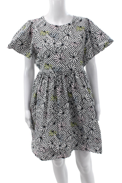 Sonia Rykiel Girls Back Zip Short Sleeve Floral Logo Dress Black White Size 16