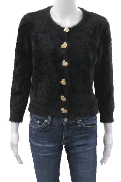 Zara Knit Women Cardigan Black Round Neck Long Sleeve Heart Size S