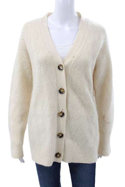 La Ligne Womens Ivory 100% Cashmere Geometric VNeck Cardigan Long Sleeve Size S
