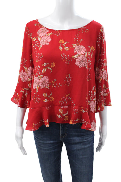 BB Dakota Womens Tunic Red Floral Button 3/4 Sleeve Round Neck Size M