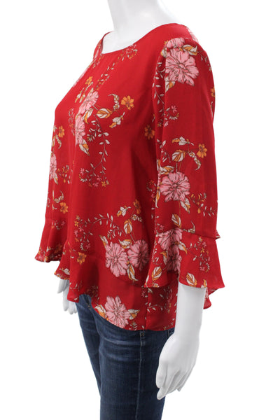 BB Dakota Womens Tunic Red Floral Button 3/4 Sleeve Round Neck Size M
