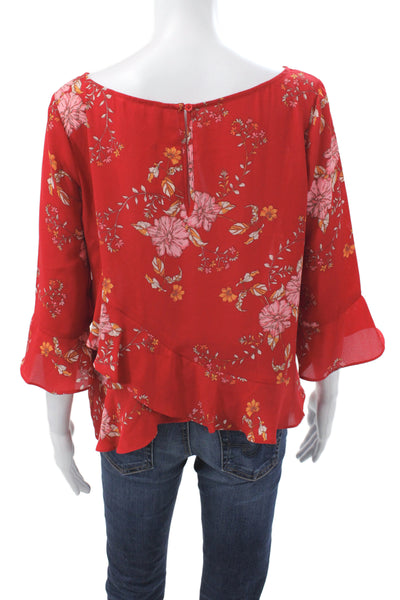 BB Dakota Womens Tunic Red Floral Button 3/4 Sleeve Round Neck Size M