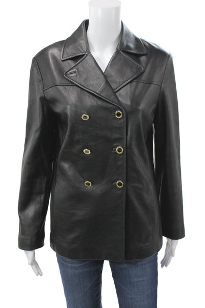 St. John Womens Pea Coat Leather Black Button Petite Size S