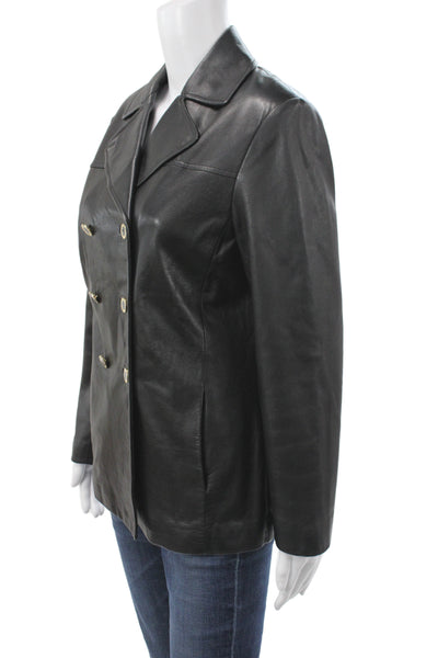 St. John Womens Pea Coat Leather Black Button Petite Size S