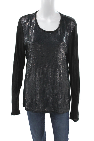 Michael Michael Kors Women Sequin Scoop Neck Black Long Sleeve Blouse Size XL
