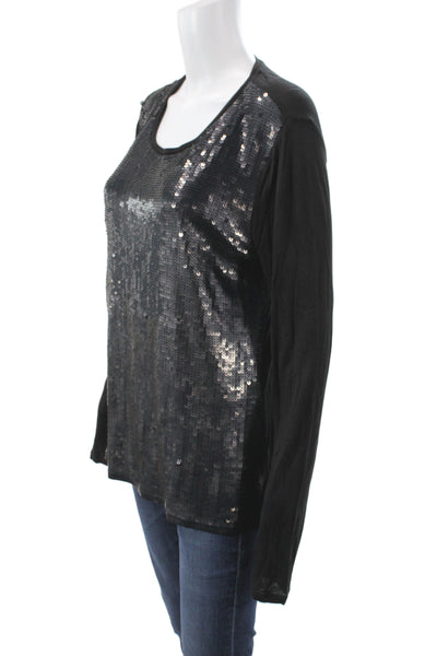 Michael Michael Kors Women Sequin Scoop Neck Black Long Sleeve Blouse Size XL