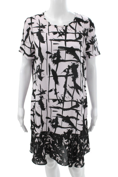 BCBGMAXAZRIA Womens Shift Dress Black Geometric Short Sleeve Round Neck Size M