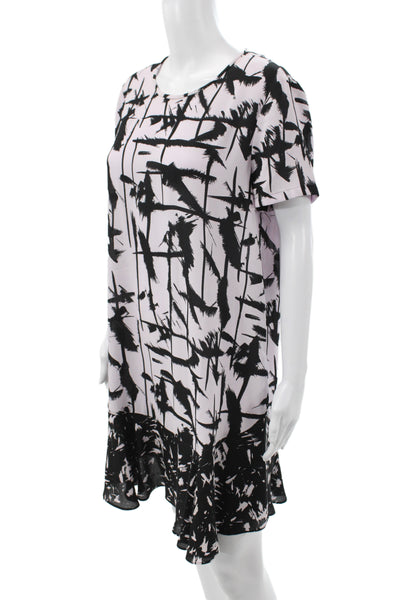 BCBGMAXAZRIA Womens Shift Dress Black Geometric Short Sleeve Round Neck Size M