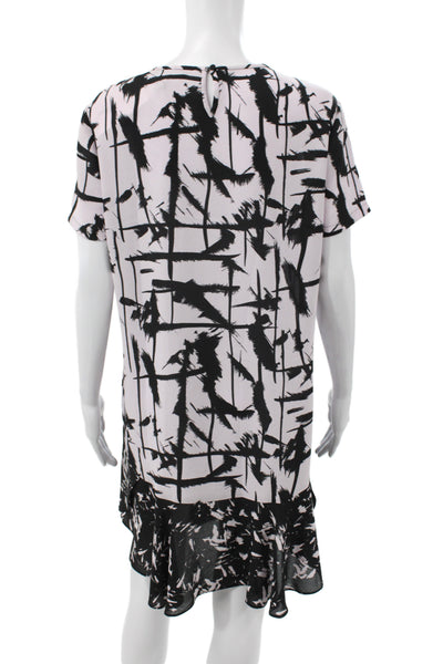 BCBGMAXAZRIA Womens Shift Dress Black Geometric Short Sleeve Round Neck Size M