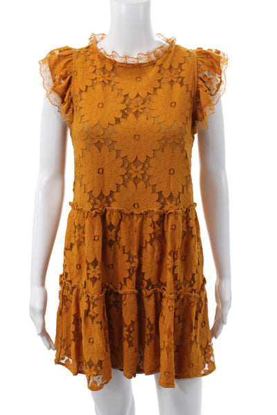 Blue Tassel Womens Yellow Floral Mini Dress Short Sleeve Round Neck Size XS