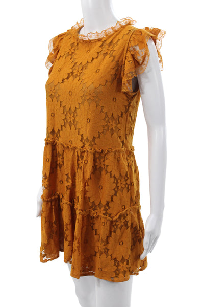 Blue Tassel Womens Yellow Floral Mini Dress Short Sleeve Round Neck Size XS