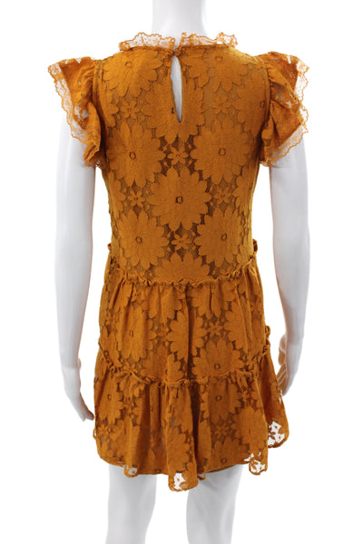 Blue Tassel Womens Yellow Floral Mini Dress Short Sleeve Round Neck Size XS