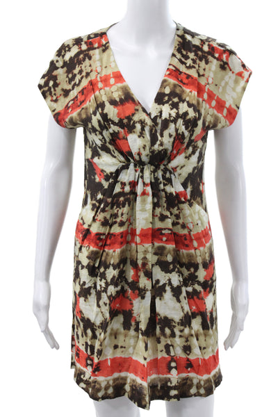 Vince Camuto Women Tie Dye V-Neck Shift Dress Brown Short Sleeve Mini Size 0