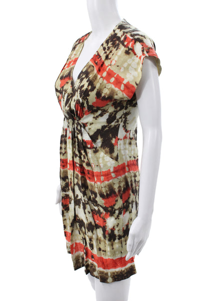 Vince Camuto Women Tie Dye V-Neck Shift Dress Brown Short Sleeve Mini Size 0