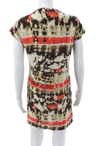 Vince Camuto Women Tie Dye V-Neck Shift Dress Brown Short Sleeve Mini Size 0