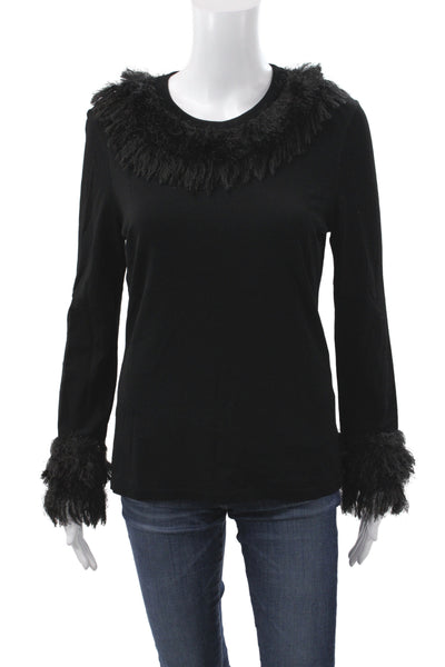 Marccain Womens Black Fringe Pullover Sweater Long Sleeve Round Neck Size 8