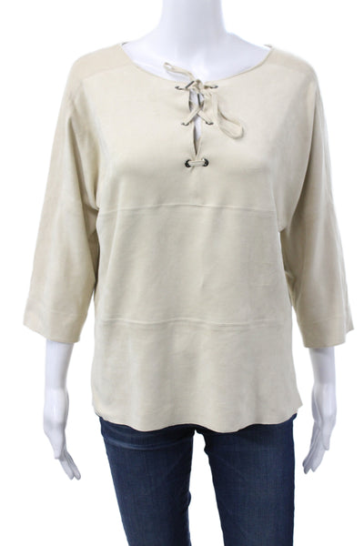 Marccain Women Basic Lace Up 3/4 Sleeve Round Neck Beige T-Shirt Size 6