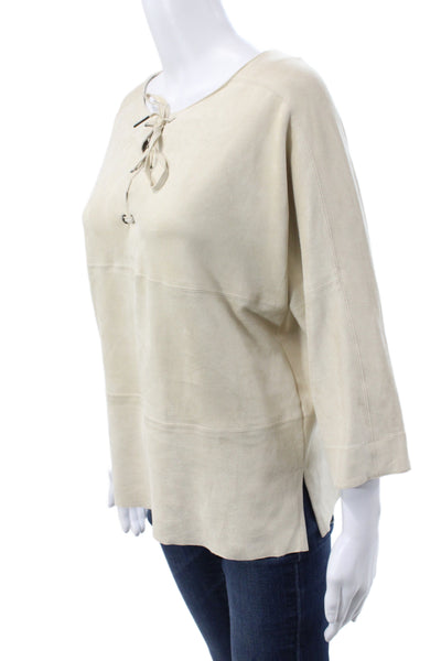 Marccain Women Basic Lace Up 3/4 Sleeve Round Neck Beige T-Shirt Size 6