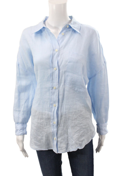 Zara Women Blue Linen Collared Button-Up Long Sleeve Casual Top Size M