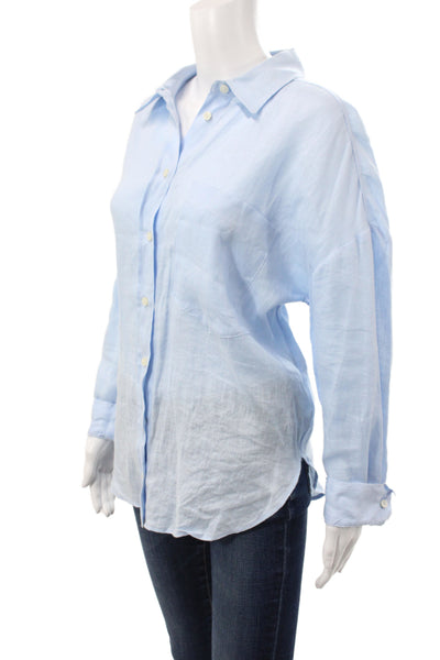 Zara Women Blue Linen Collared Button-Up Long Sleeve Casual Top Size M