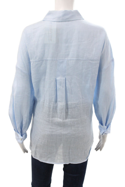 Zara Women Blue Linen Collared Button-Up Long Sleeve Casual Top Size M