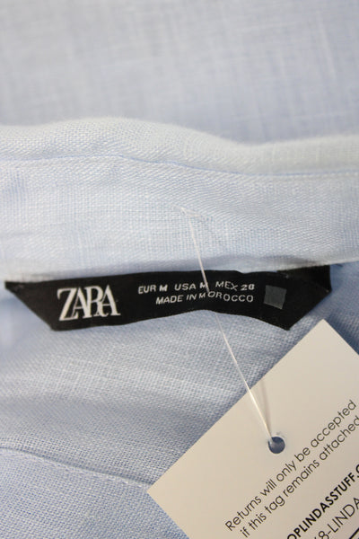 Zara Women Blue Linen Collared Button-Up Long Sleeve Casual Top Size M