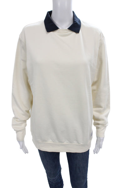 Zara Women Ivory Collared Pullover Sweatshirt Long Sleeve Cotton Size S