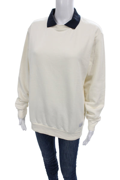 Zara Women Ivory Collared Pullover Sweatshirt Long Sleeve Cotton Size S