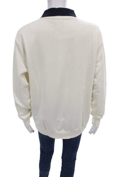 Zara Women Ivory Collared Pullover Sweatshirt Long Sleeve Cotton Size S