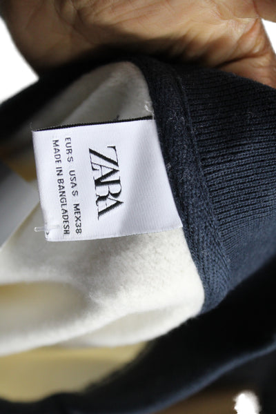 Zara Women Ivory Collared Pullover Sweatshirt Long Sleeve Cotton Size S