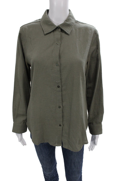 Leallo Women Green Solid Collared Button-Up Top Long Sleeve 100% Cotton Size S