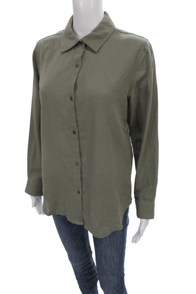 Leallo Women Green Solid Collared Button-Up Top Long Sleeve 100% Cotton Size S