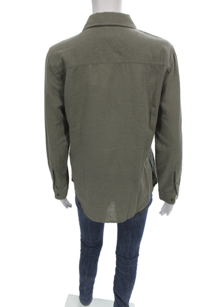 Leallo Women Green Solid Collared Button-Up Top Long Sleeve 100% Cotton Size S