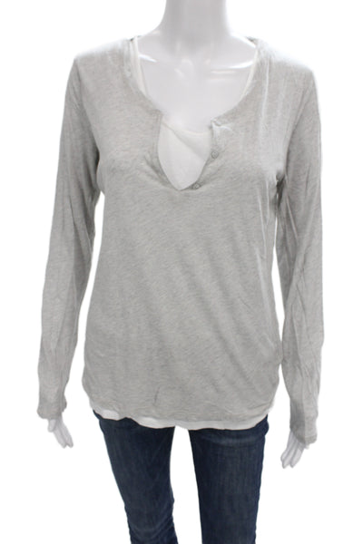 Majestic Filatures Women Basic Gray Cotton Henley Long Sleeve T-Shirt Size 4