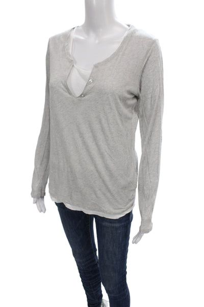 Majestic Filatures Women Basic Gray Cotton Henley Long Sleeve T-Shirt Size 4