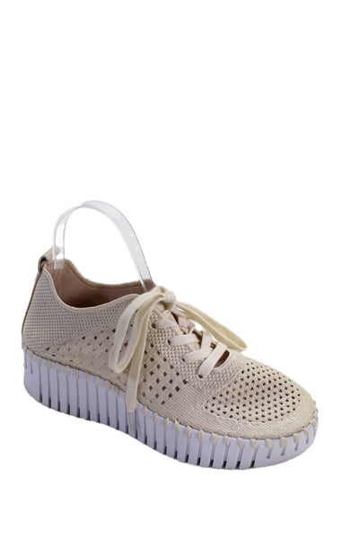 Ilse Jacobsen Womens Lace Up Crochet Knit Platform Sneakers Beige Size 38