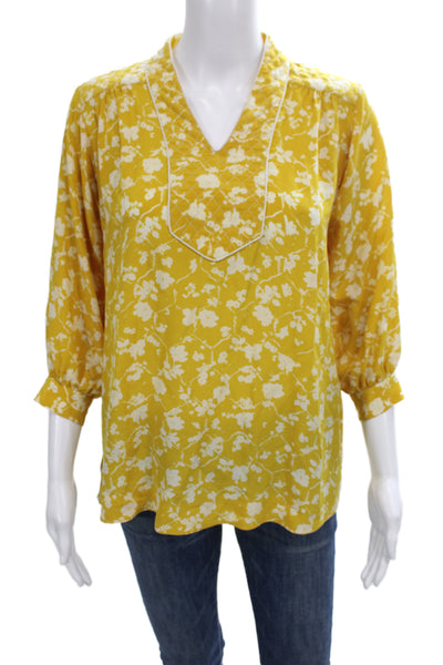 Lauren Moffatt Womens Silk Floral Tunic Blouse Yellow V-Neck 3/4 Sleeve Size XS