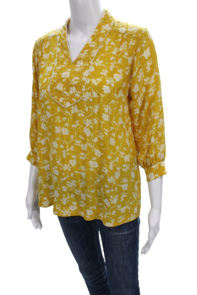 Lauren Moffatt Womens Silk Floral Tunic Blouse Yellow V-Neck 3/4 Sleeve Size XS