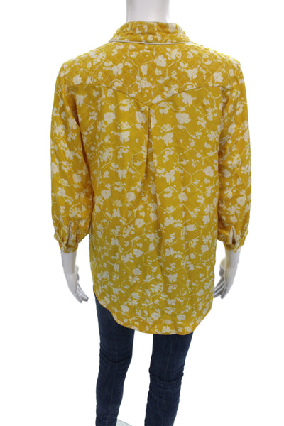 Lauren Moffatt Womens Silk Floral Tunic Blouse Yellow V-Neck 3/4 Sleeve Size XS