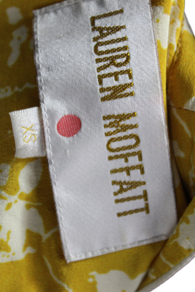 Lauren Moffatt Womens Silk Floral Tunic Blouse Yellow V-Neck 3/4 Sleeve Size XS